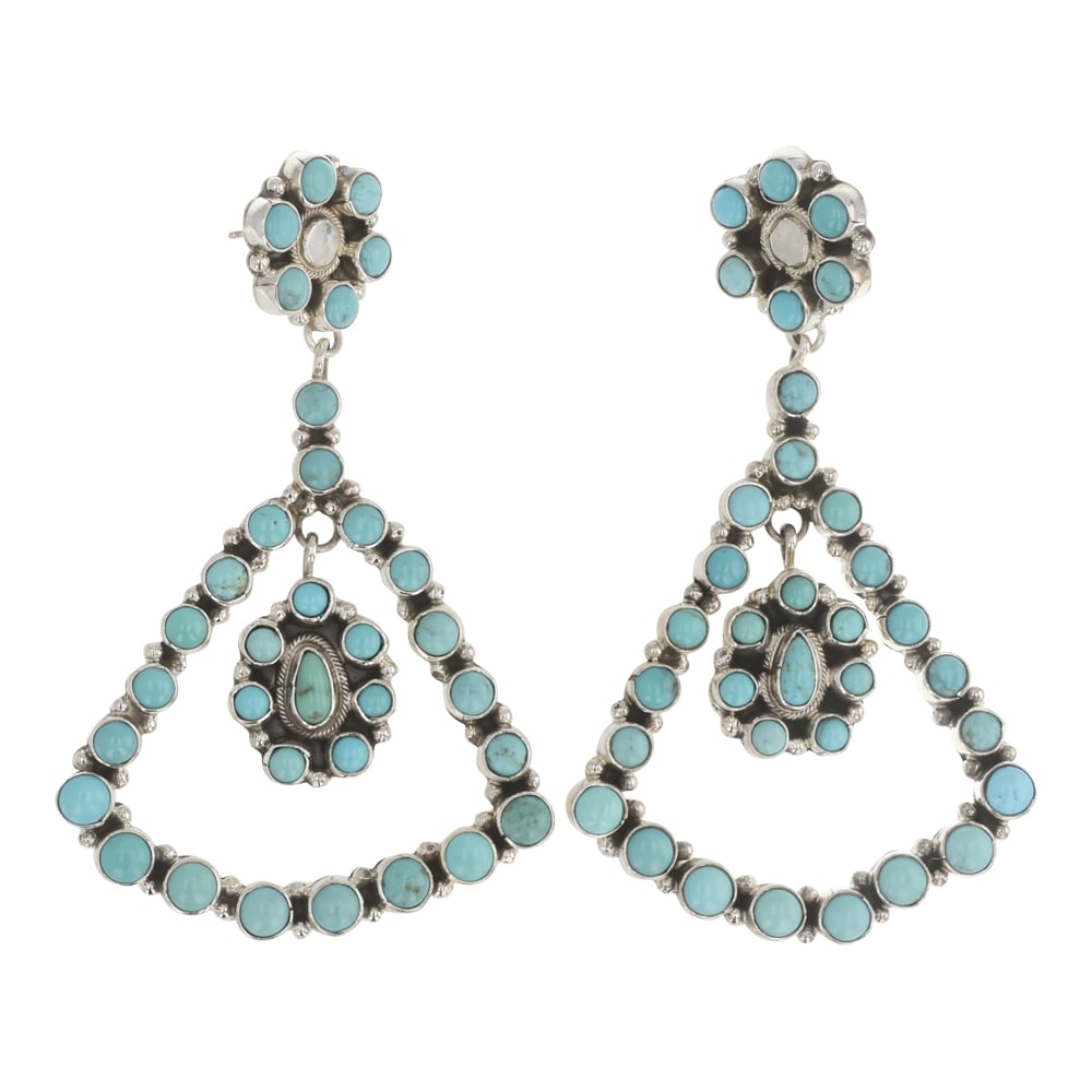 Sheila Becenti Navajo Compitos Turquoise Chandelier Earrings: Sterling Silver | Genuine Compitos Turquoise | Sheila Becenti Navajo Compitos Turquoise Chandelier Earrings | Navajo Native American Southwest Indian Jewelry | Good (no breaks or damages) | Approximat
