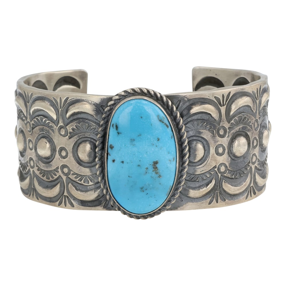 Ronnie Willie Navajo Kingman Turquoise Bump Out Cuff Bracelet: Sterling Silver | Genuine Kingman Turquoise | Ronnie Willie Navajo Kingman Turquoise Bump Out Cuff Bracelet | Navajo Native American Southwest Indian Jewelry | Good (no breaks or damages) | Approximat