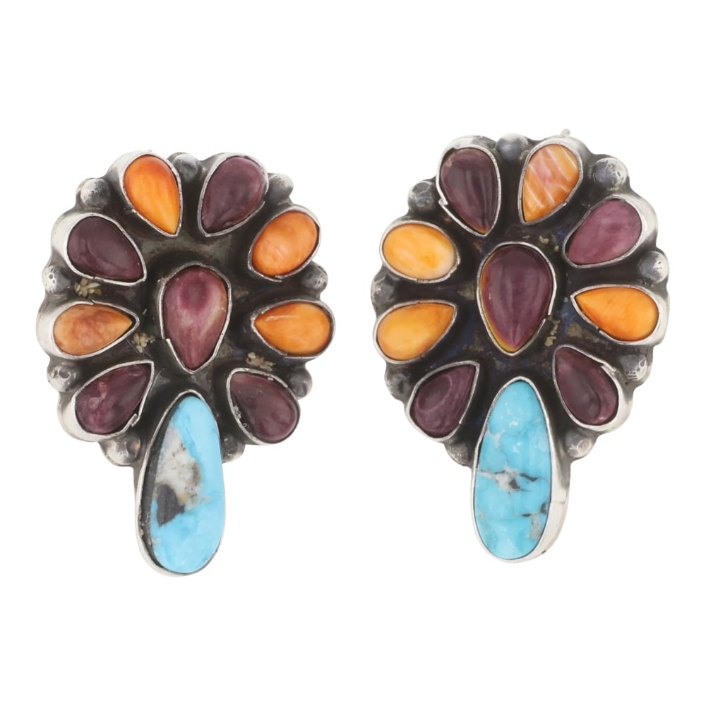Virginia Henio Navajo Turquoise & Spiny Oyster Earrings: Sterling Silver | Genuine Turquoise & Spiny Oyster | Virginia Henio Navajo Turquoise & Spiny Oyster Earrings | Navajo Native American Southwest Indian Jewelry | Good (no breaks or damages) | Approxima