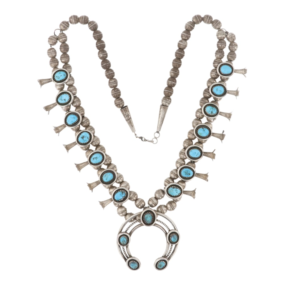 Phil Garcia Navajo Kingman Turquoise Squash Blossom Necklace Auction
