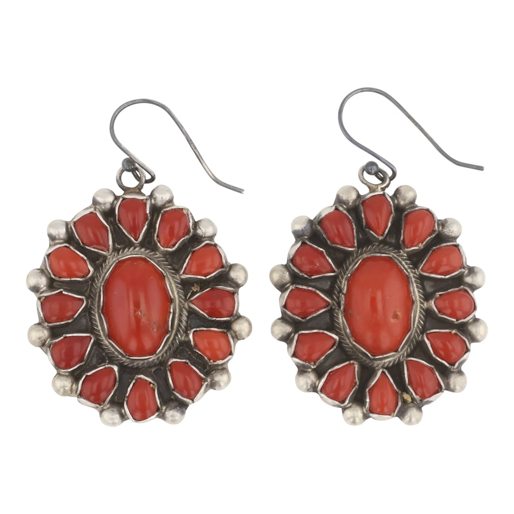 Kathleen Chavez Navajo Mediterranean Coral Cluster Earrings: Sterling Silver | Genuine Mediterranean Coral | Kathleen Chavez Navajo Mediterranean Coral Cluster Earrings | Navajo Native American Southwest Indian Jewelry | Good (no breaks or damages) | Approximat