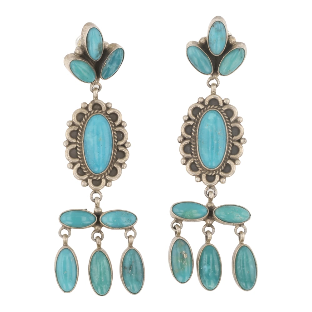 Carol Wylie Navajo Compitos Turquoise Chandelier Earrings: Sterling Silver | Genuine Compitos Turquoise | Carol Wylie Navajo Compitos Turquoise Chandelier Earrings | Navajo Native American Southwest Indian Jewelry | Good (no breaks or damages) | Approximate W