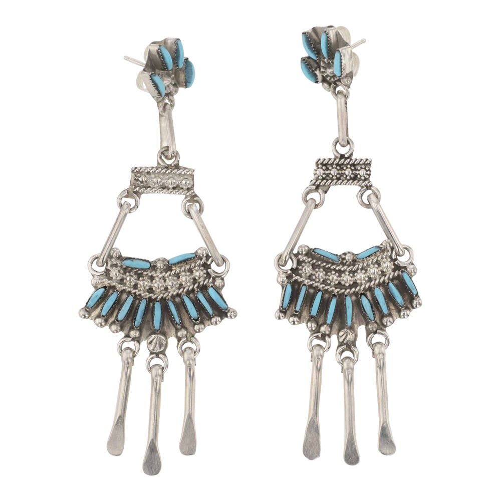 Vintage Zuni Sleeping Beauty Turquoise Chandelier Earrings: Sterling Silver | Genuine Sleeping Beauty Turquoise | Vintage Zuni Sleeping Beauty Turquoise Chandelier Earrings | Zuni Native American Southwest Indian Jewelry | Good (no breaks or damages) | Approxi