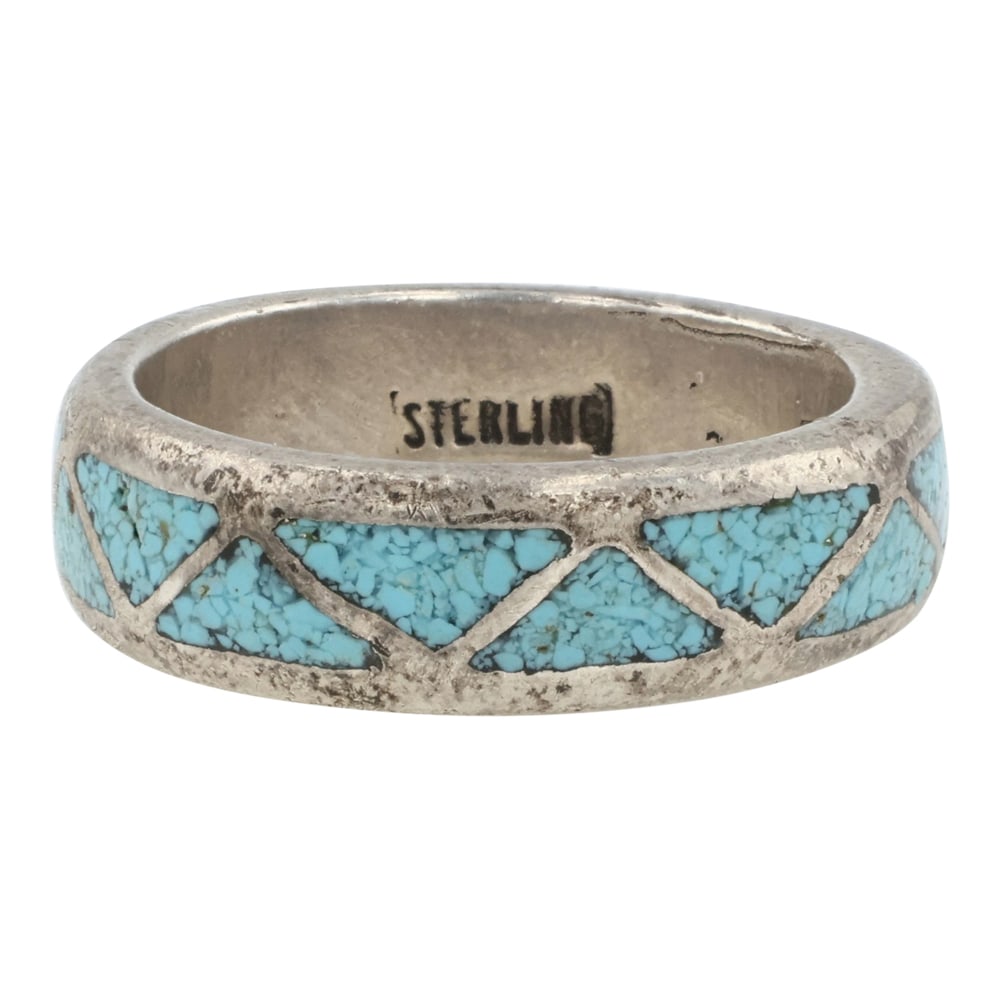 Vintage Navajo Turquoise Chip Inlay Ring: Sterling Silver | Genuine Turquoise | Vintage Navajo Turquoise Chip Inlay Ring | Navajo Native American Southwest Indian Jewelry | Good (no breaks or damages) | Approximate Weight: 4 Grams | Ring: 5.2