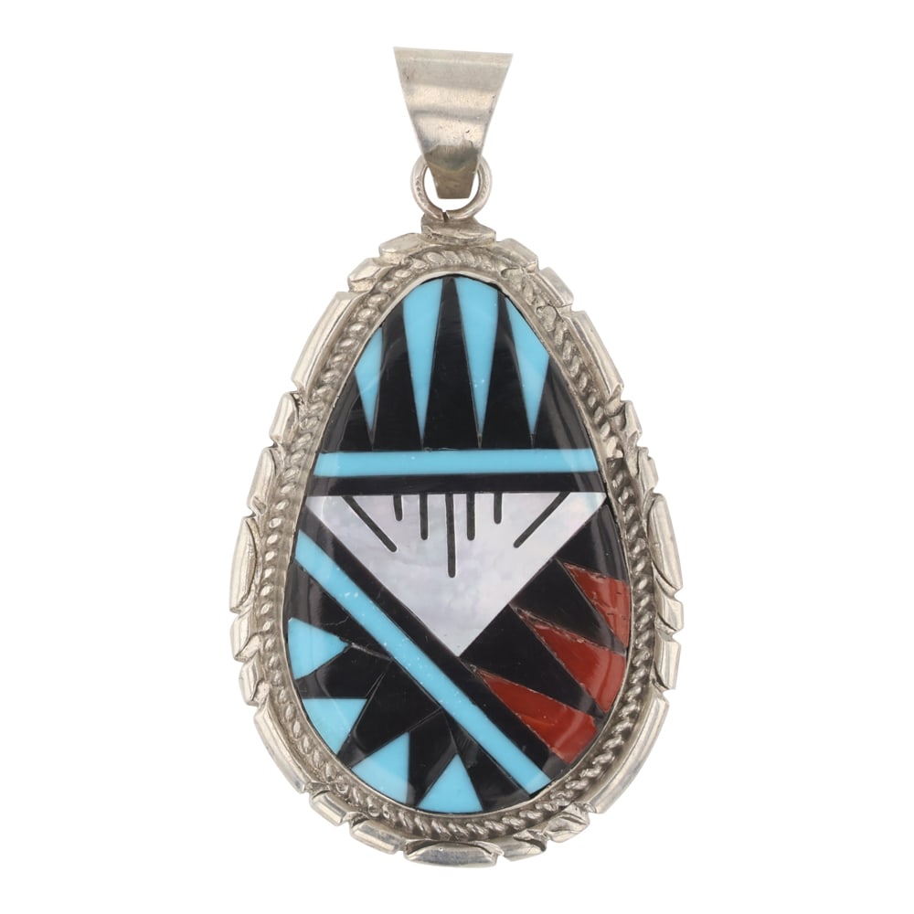 Leslie & Gladys Lamy Zuni Turquoise Coral Acoma Jet & Mother of Pearl Inlay Zuni Pendant (1 of 2)