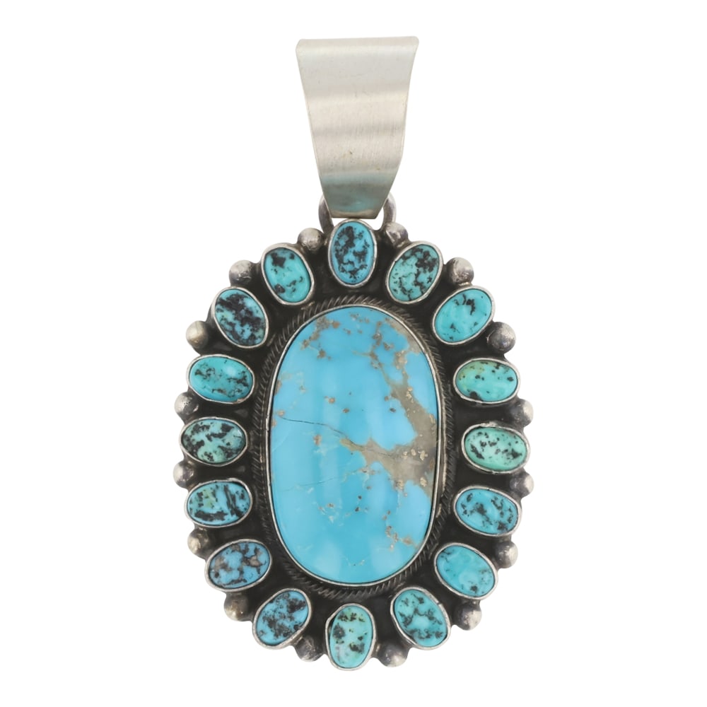 Blaine Yellowhorse Navajo Kingman Turquoise Cluster Pendant: Sterling Silver | Genuine Kingman Turquoise | Blaine Yellowhorse Navajo Kingman Turquoise Cluster Pendant | Navajo Native American Southwest Indian Jewelry | Good (no breaks or damages) | Approximate 