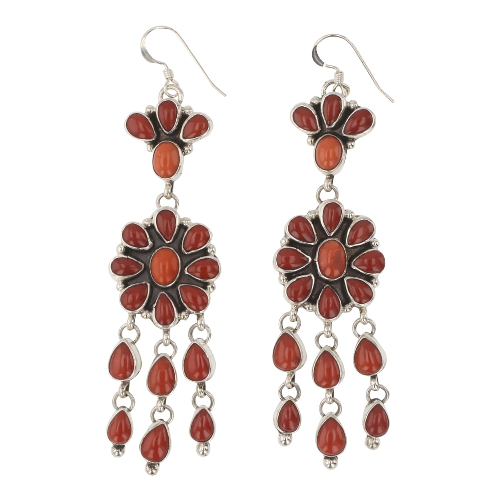 Renell Perry Navajo Mediterranean Coral Chandelier Earrings: Sterling Silver | Genuine Mediterranean Coral | Renell Perry Navajo Mediterranean Coral Chandelier Earrings | Navajo Native American Southwest Indian Jewelry | Good (no breaks or damages) | Approximat