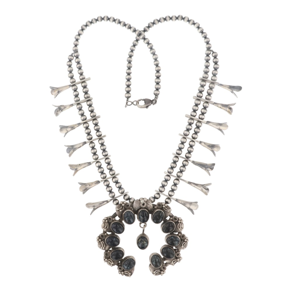 Navajo New Lander Chalcociderite Leaf Work Squash Blossom Necklace (1 of 3)