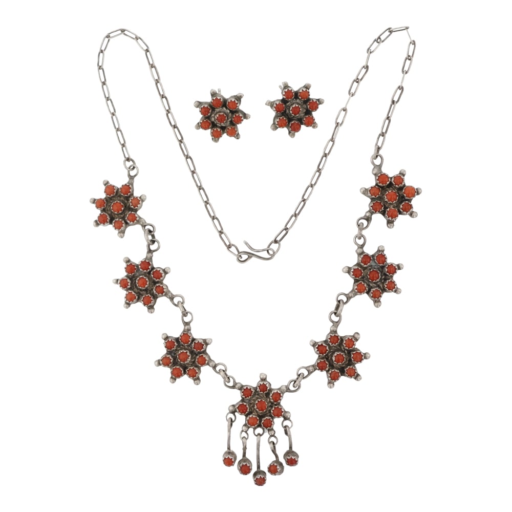 Vintage Zuni Mediterranean Coral Cluster Necklace & Earrings Set (1 of 3)