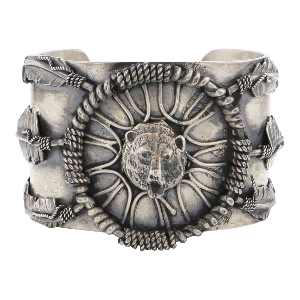Navajo Plain Silver Feather & Bear Wide Cuff Bracelet (1 of 4)
