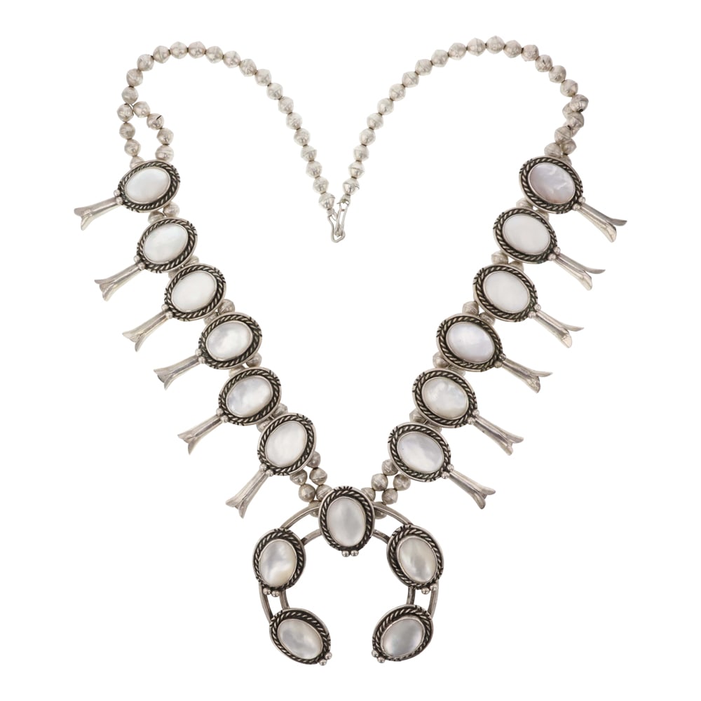 Vintage Navajo Mother of Pearl Squash Blossom Necklace: Sterling Silver | Genuine Mother of Pearl | Vintage Navajo Mother of Pearl Squash Blossom Necklace | Navajo Native American Southwest Indian Jewelry | Good (no breaks or damages) | Approximate Weight: