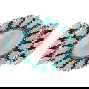 Paul Livingston Navajo Kingman Turquoise & Pink Conch Shell Cluster Cuff Bracelet: Sterling Silver | Genuine Kingman Turquoise | Paul Livingston Navajo Kingman Turquoise & Pink Conch Shell Cluster Cuff Bracelet | Navajo Native American Southwest Indian Jewelry | Good (no breaks