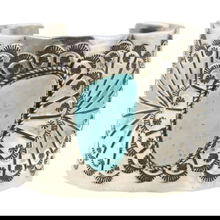 Rick Enriquez Navajo Compitos Turquoise Cuff Bracelet: Sterling Silver | Genuine Compitos Turquoise | Rick Enriquez Navajo Compitos Turquoise Cuff Bracelet | Navajo Native American Southwest Indian Jewelry | Good (no breaks or damages) | Approximate