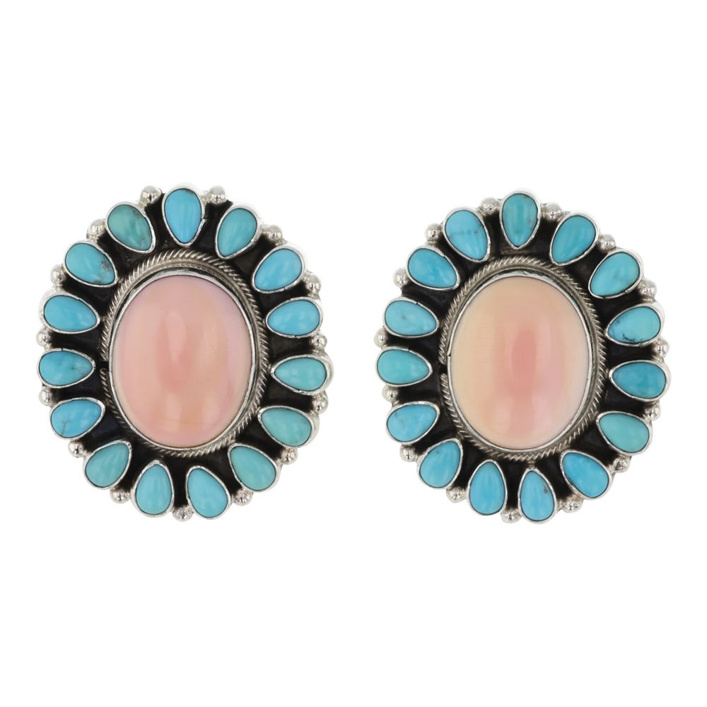 Travis Jim Navajo Kingman Turquoise & Pink Conch Cluster Earrings: Sterling Silver | Genuine Kingman Turquoise | Travis Jim Navajo Kingman Turquoise & Pink Conch Cluster Earrings | Navajo Native American Southwest Indian Jewelry | Good (no breaks or damages) | Approx