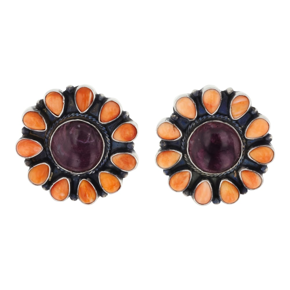 Sheila Becenti Navajo Spiny Oyster Cluster Earrings: Sterling Silver | Genuine Spiny Oyster | Sheila Becenti Navajo Spiny Oyster Cluster Earrings | Navajo Native American Southwest Indian Jewelry | Good (no breaks or damages) | Approximate Weight: 21 Gr