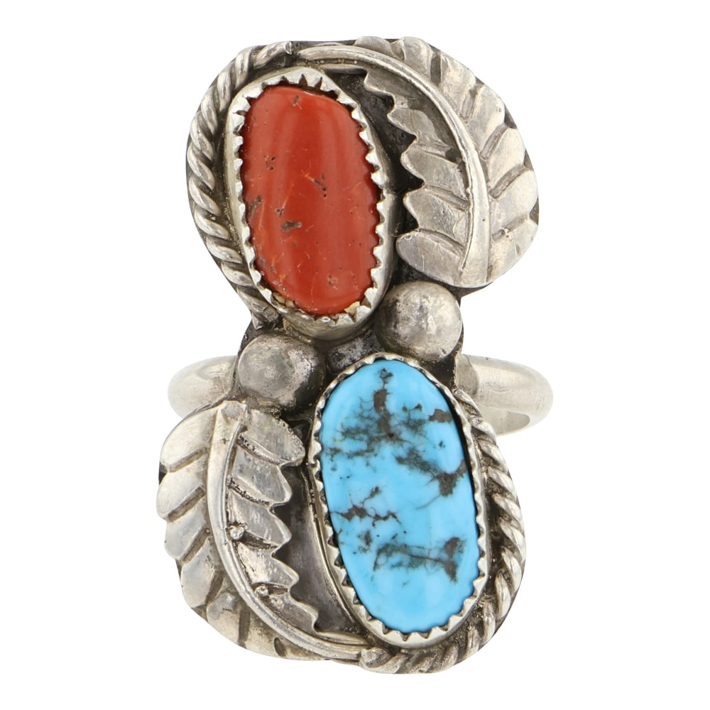 Vintage Navajo Turquoise & Coral Leaf work Ring (1 of 3)