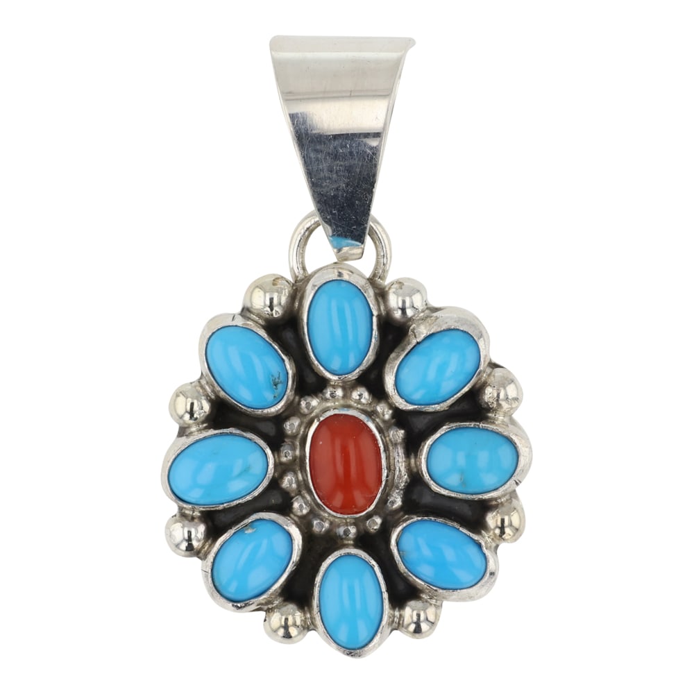 Kathleen Chavez Navajo Sleeping Beauty Turquoise & Mediterranean Coral Cluster Pendant (1 of 2)