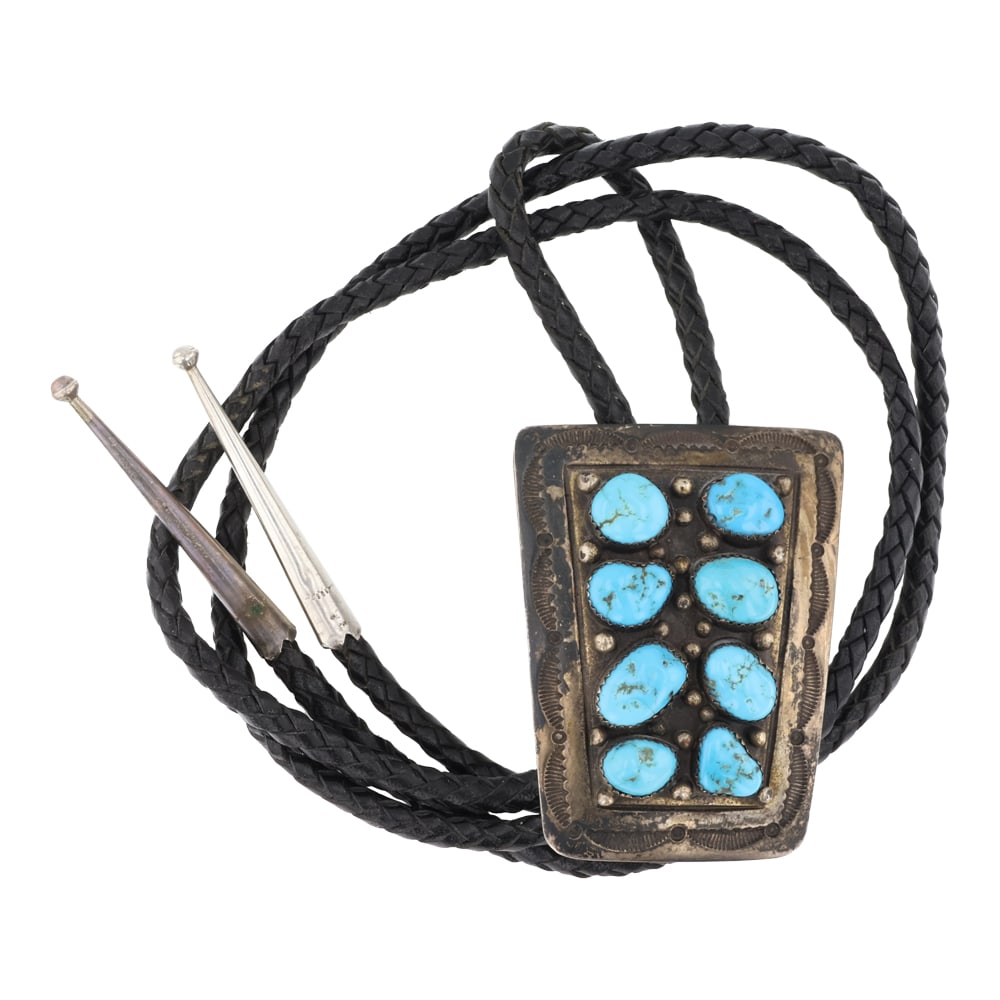 Vintage Navajo Kingman Turquoise Bolo Tie: Sterling Silver | Genuine Kingman Turquoise | Vintage Navajo Kingman Turquoise Bolo Tie | Navajo Native American Southwest Indian Jewelry | Good (no breaks or damages) | Approximate Weight: 74 Grams |