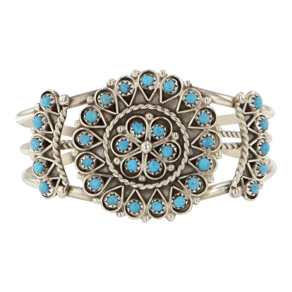 Leonard James Navajo Sleeping Beauty Turquoise Cluster Bracelet: Sterling Silver | Genuine Sleeping Beauty Turquoise & Pink Conch | Leonard James Navajo Sleeping Beauty Turquoise Cluster Bracelet | Navajo Native American Southwest Indian Jewelry | Good (no breaks o
