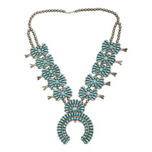 Vintage Zuni Kingman Turquoise Large Squash Blossom Necklace