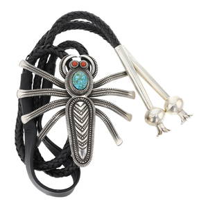 Harrison Jim Navajo Turquoise & Coral Intricate Masterpiece Detailed Spider Bolo Tie