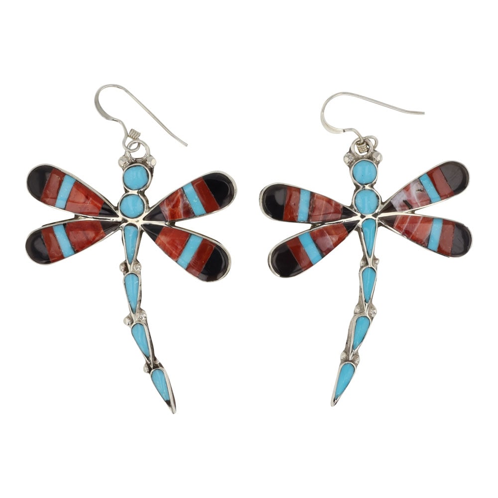Zuni Turquoise Spiny Oyster & Jet Black Inlay Dragonfly Earrings (1 of 2)