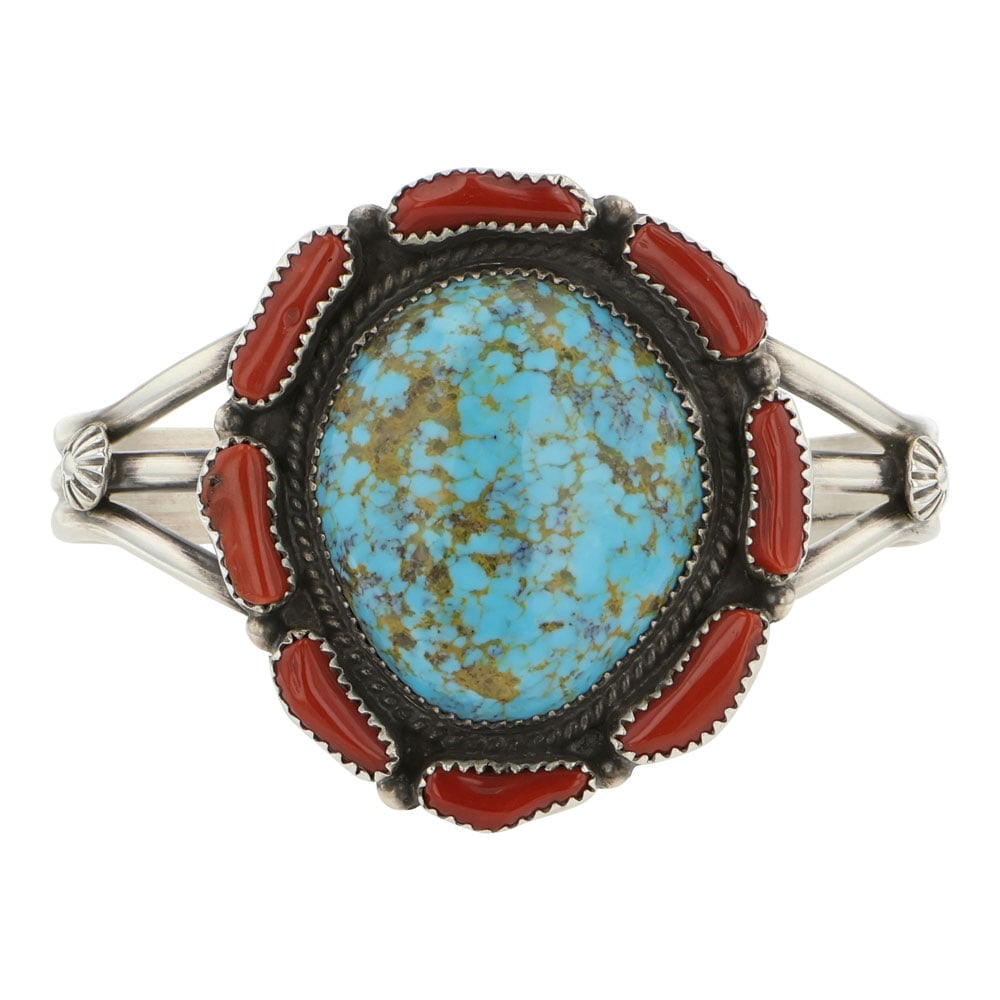 Landoll Benally Navajo Turquoise & Coral Cluster Bracelet: Sterling Silver | Genuine Turquoise & Coral | Landoll Benally Navajo Turquoise & Coral Cluster Bracelet | Navajo Native American Southwest Indian Jewelry | Good (no breaks or damages) | Approximate We