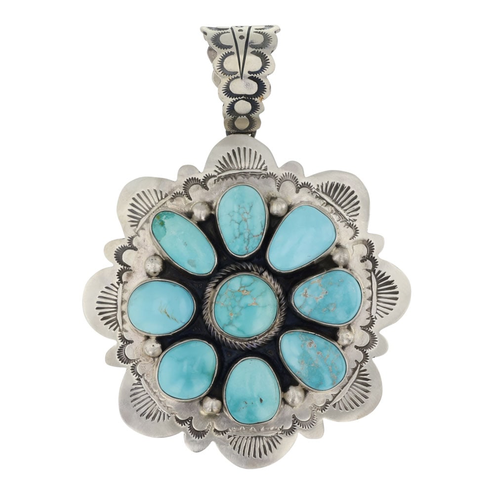 Bob Becenti Navajo Lone Mountain Turquoise Cluster Stamp Work Pendant (1 of 2)