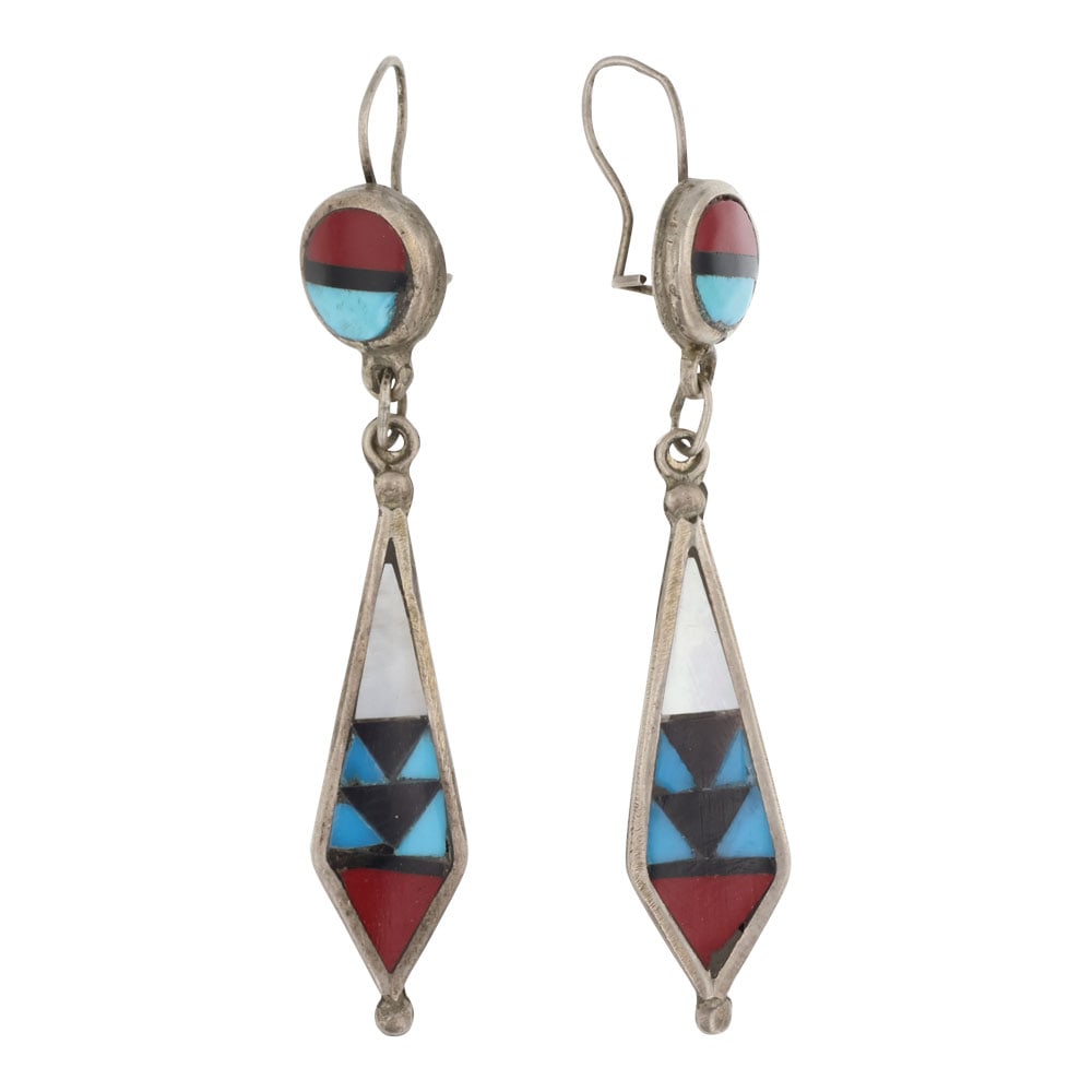 Vintage Zuni Turquoise Coral Jet & Mother of Pearl Inlay Earrings: Sterling Silver | Genuine Turquoise, Coral, Jet & Mother pf Pearl | Vintage Zuni Turquoise Coral Jet & Mother of Pearl Inlay Earrings | Zuni Native American Southwest Indian Jewelry | Good (no breaks 