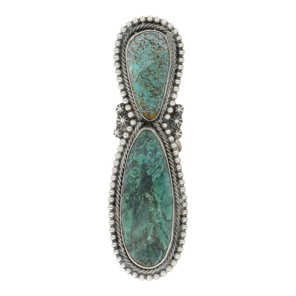 Richard & Rita Begay Navajo Nevada Turquoise Long Statement Ring: Sterling Silver | Genuine Nevada Turquoise | Richard & Rita Begay Navajo Nevada Turquoise Long Statement Ring | Navajo Native American Southwest Indian Jewelry | Good (no breaks or damages) | Approxim