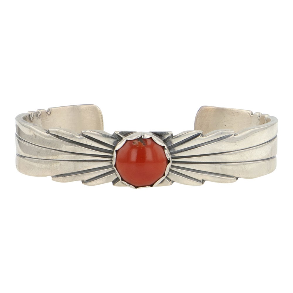 Ray Bennet Navajo Mediterranean Coral Cuff Bracelet: Sterling Silver | Genuine Mediteranian Coral | Ray Bennet Navajo Mediterranean Coral Cuff Bracelet | Navajo Native American Southwest Indian Jewelry | Good (no breaks or damages) | Approximate Weight: