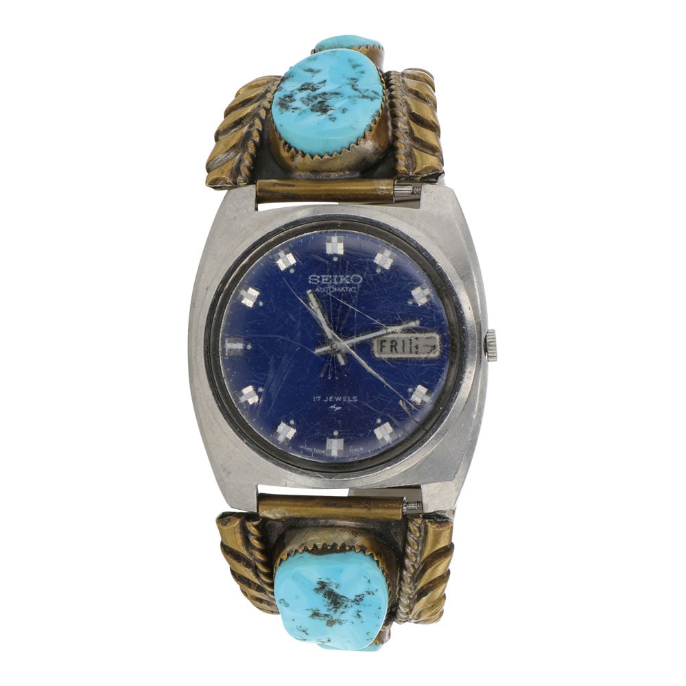 Vintage Navajo Sterling Silver & Gold Filled Kingman Turquoise Watch Bracelet (1 of 4)