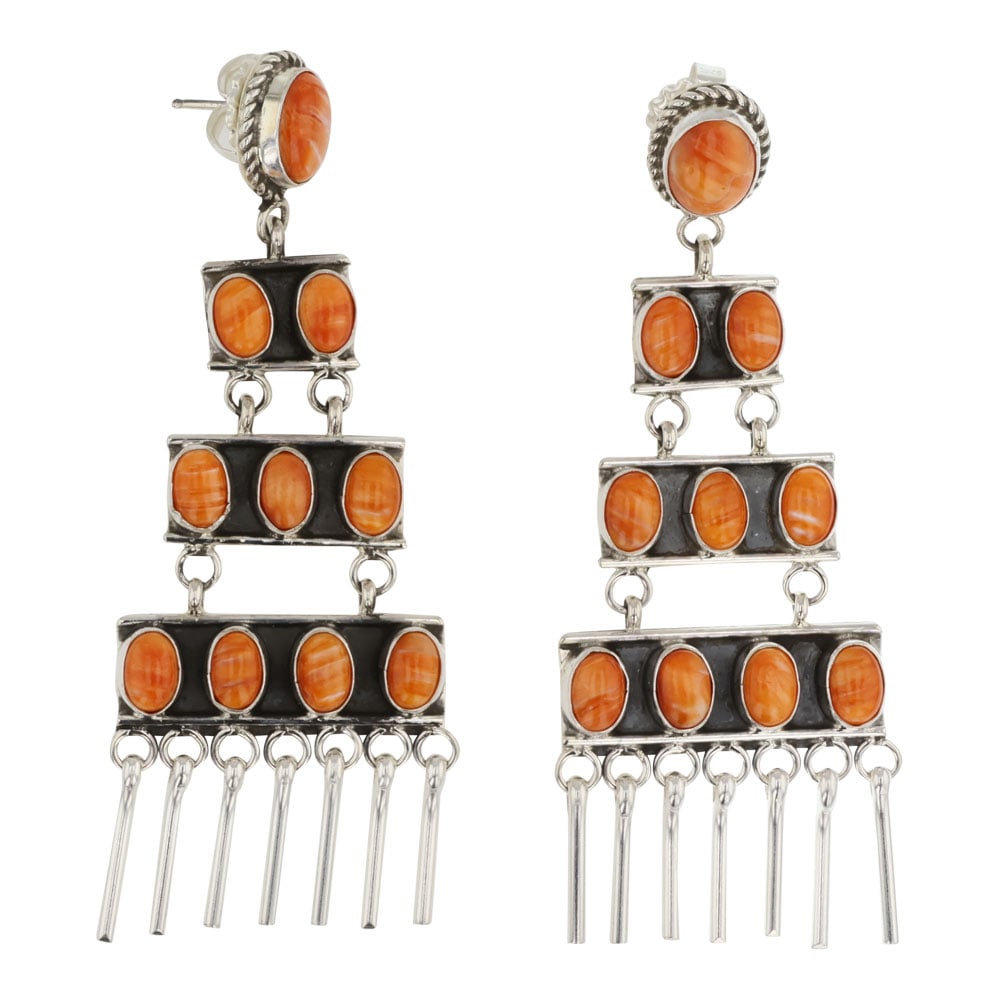 Della Wylie Navajo Spiny Oyster Chandelier Earrings: Sterling Silver | Genuine Spiny Oyster | Della Wylie Navajo Spiny Oyster Chandelier Earrings | Navajo Native American Southwest Indian Jewelry | Good (no breaks or damages) | Approximate Weight: 23 Gr