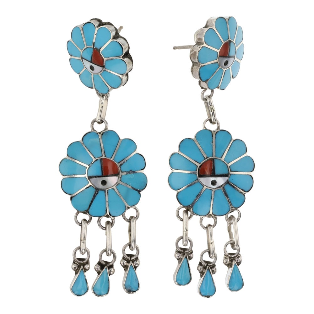 Burdian Soseeah Zuni Turquoise Coral & Mother of Pearl Inlay Chandelier Earrings: Sterling Silver | Genuine Turuqoise, Coral, Mother of Peral | Burdian Soseeah Zuni Turquoise Coral & Mother of Pearl Inlay Chandelier Earrings | Zuni Native American Southwest Indian Jewelry | Good (n