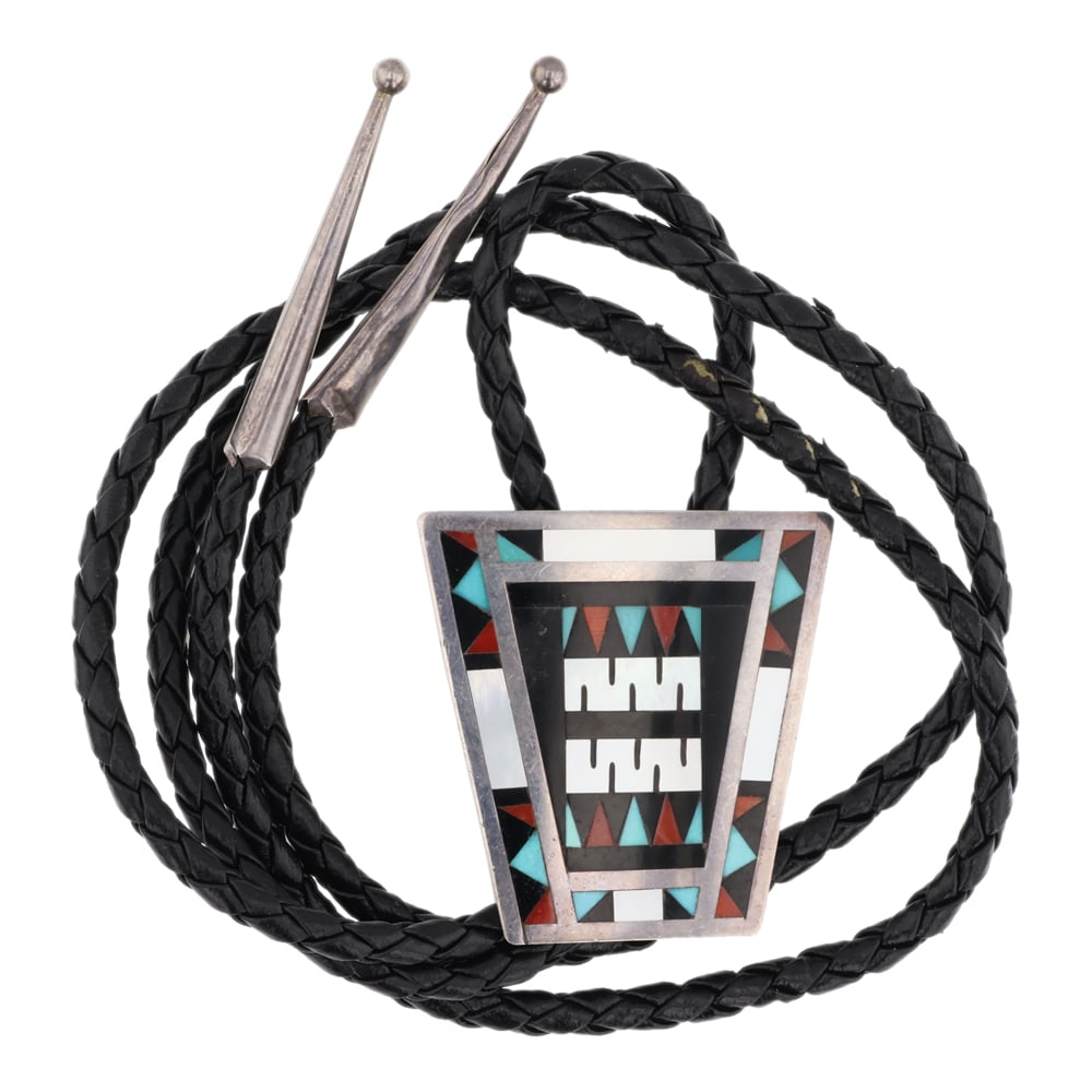 Zuni Turquoise Coral Mother of Peral & Jet Black Inlay Bolo Tie: Sterling Silver | Genuine Turuqoise, Coral, Mother of Pearl & Jet Black | Zuni Turquoise Coral Mother of Peral & Jet Black Inlay Bolo Tie | Zuni Native American Southwest Indian Jewelry | Good (no bre