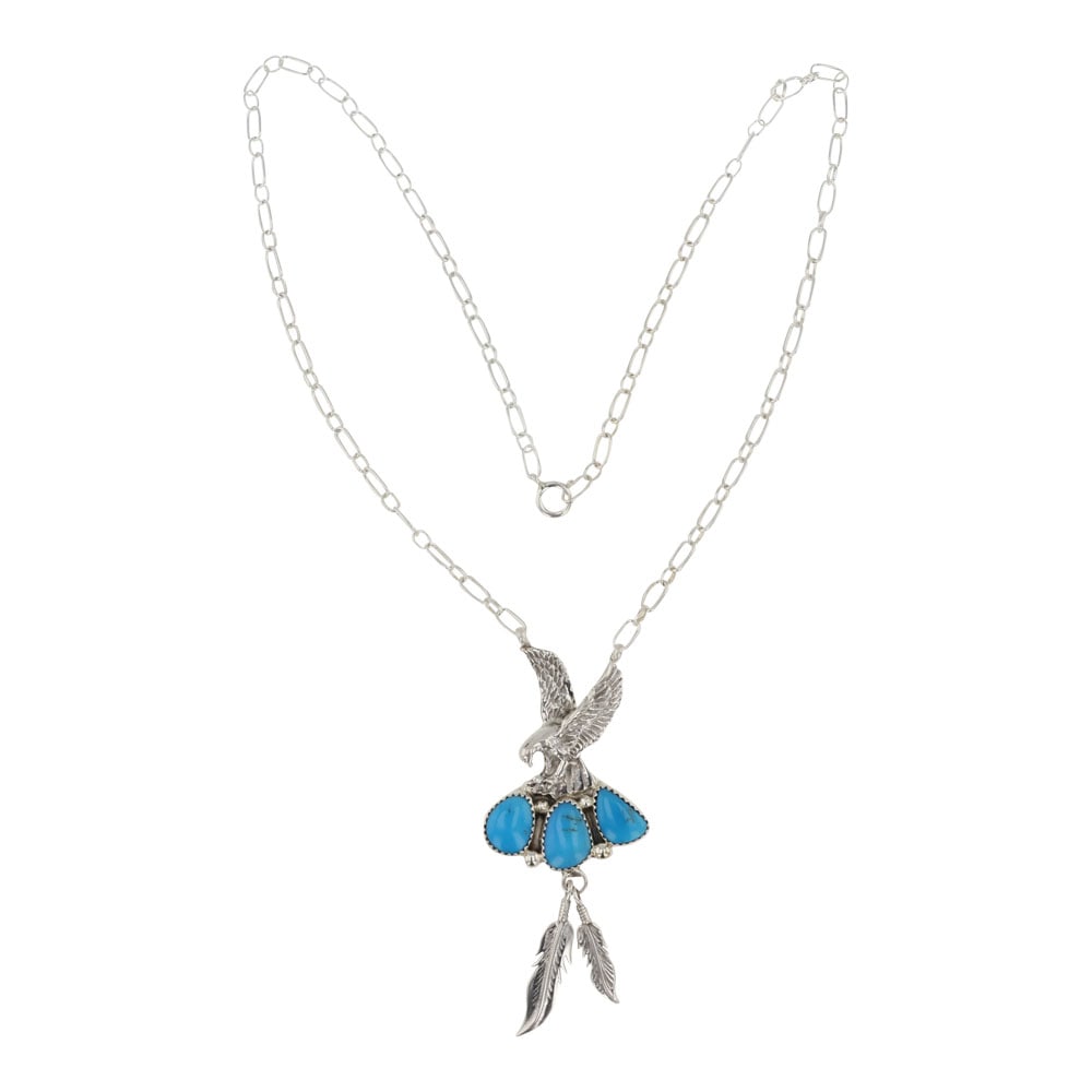 RB Navajo Kingman Turquoise Eagle Choker Necklace: Sterling Silver | Genuine Kingman Turquoise | RB Navajo Kingman Turquoise Eagle Choker Necklace | Navajo Native American Southwest Indian Jewelry | Good (no breaks or damages) | Approximate Weight: 14