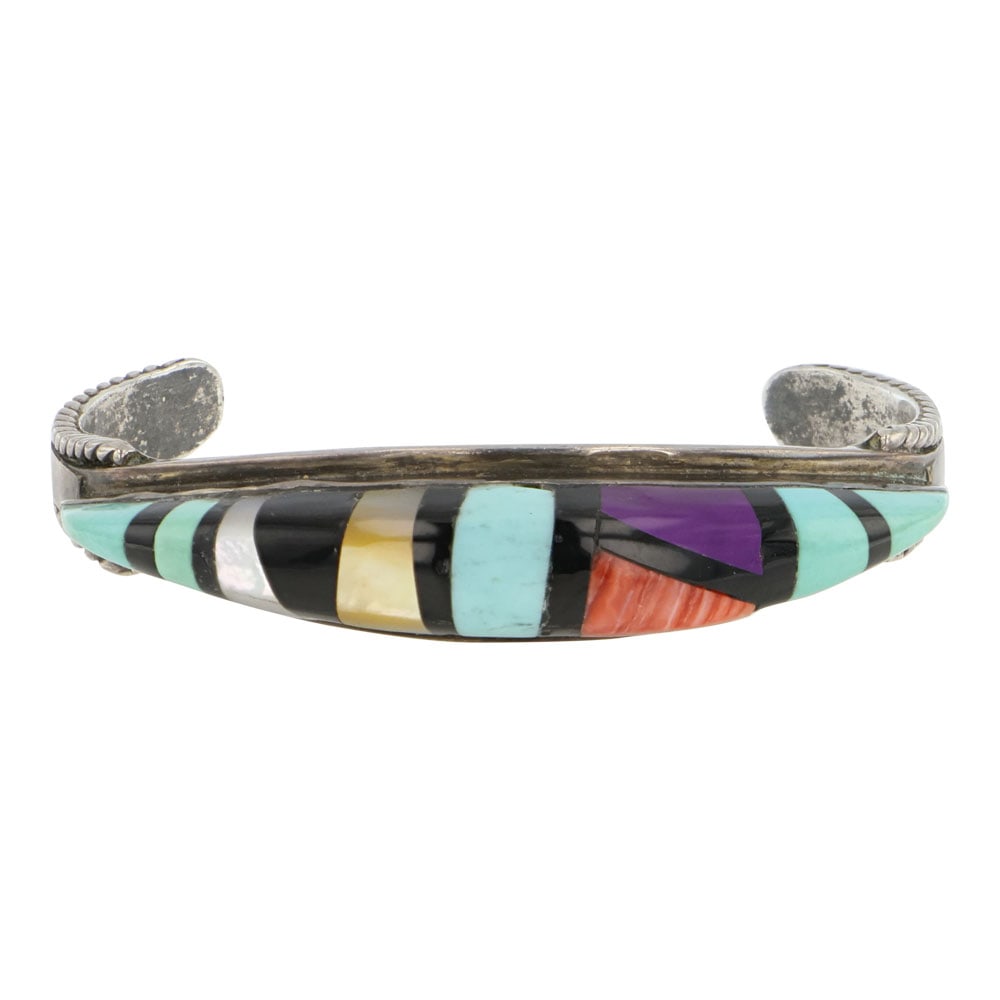 Vintage Zuni Turquoise Jet Black & Shell Inlay High Domed Inlay Cuff Bracelet (1 of 3)
