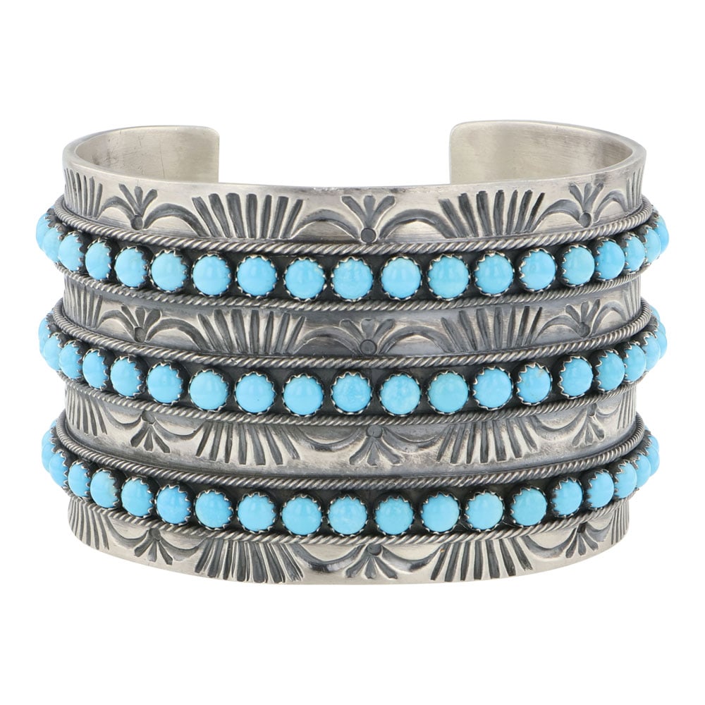 Mark Yazzie Navajo Sleeping Beauty Turquoise Three Row Stamp-Work Wide Row Cuff Bracelet (1 of 4)