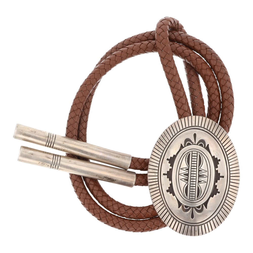 Charlie John Navajo Plain Silver Detailed Stamp Bolo Tie (1 of 3)