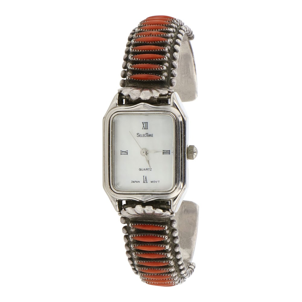 Vintage Hugh Bowekaty Zuni Mediterranean Coral Needlepoint Watch bracelet: Sterling Silver | Genuine Mediterranean Coral | Vintage Hugh Bowekaty Zuni Mediterranean Coral Needlepoint Watch bracelet | Zuni Native American Southwest Indian Jewelry | Good (no breaks or damages)