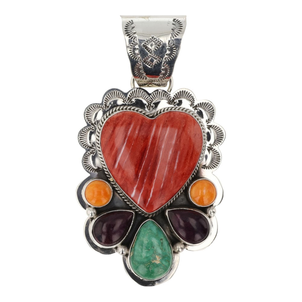 Eula Wylie Navajo Turquoise & Spiny Oyster Large Stamp Pendant (1 of 2)