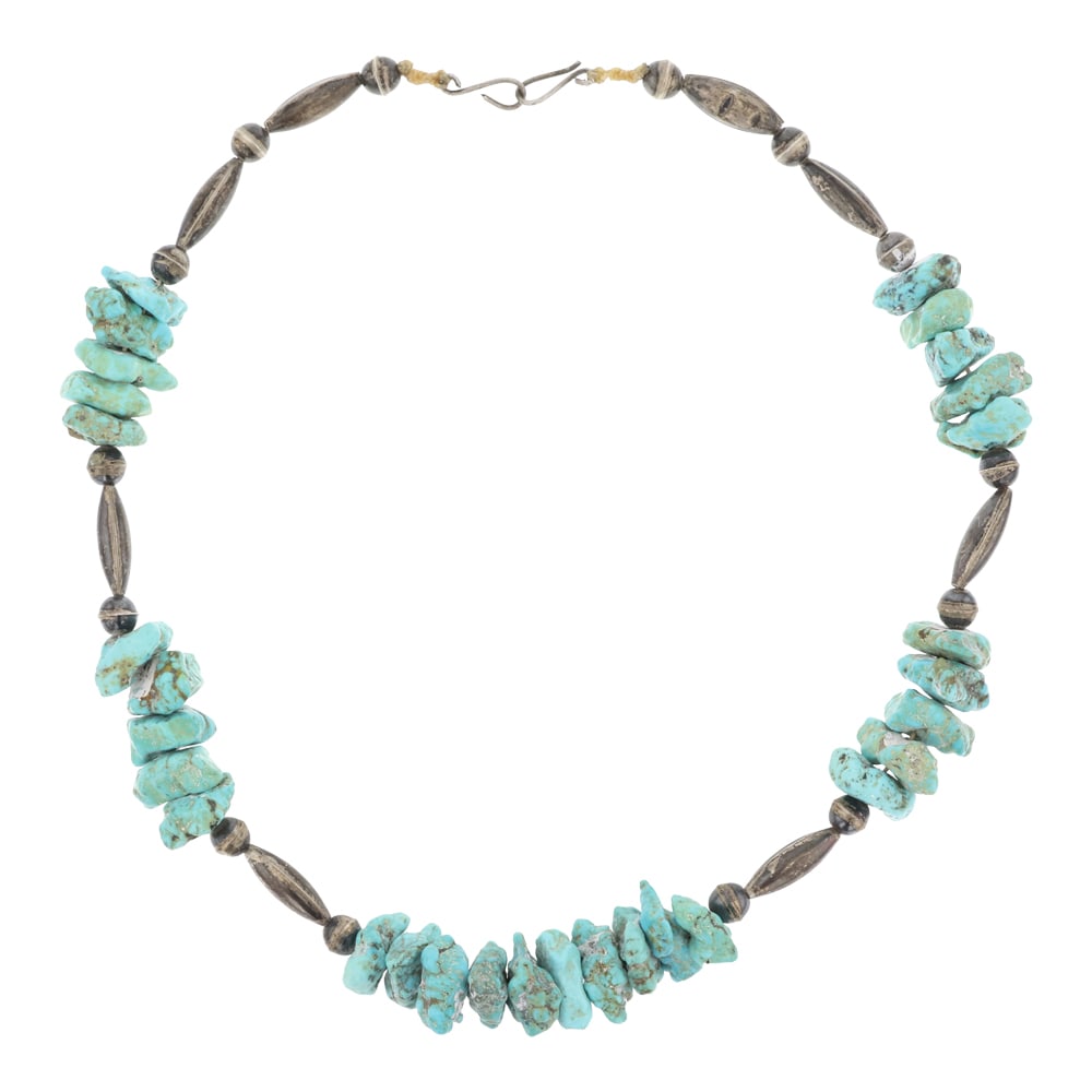 Vintage Navajo Kingman Turquoise & Sterling Silver Bench & Tube Beads Necklace: Sterling Silver | Genuine Kingman Turquoise | Vintage Navajo Kingman Turquoise & Sterling Silver Bench & Tube Beads Necklace | Navajo Native American Southwest Indian Jewelry | Good (no breaks or dama