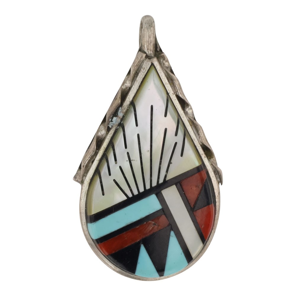 Vintage Zuni Turquoise Coral Mother of Pearl & Acoma Jet Inlay Pendant: Sterling Silver | Genuine Turquoise, Coral, & Mother of Pearl | Vintage Zuni Turquoise Coral Mother of Pearl & Acoma Jet Inlay Pendant | Zuni Native American Southwest Indian Jewelry | Good (no breaks