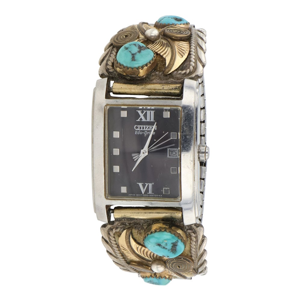 Vintage Navajo Kingman Turquoise Sterling Silver & Gold Filled Watch Bracelet: Sterling Silver | Genuine Kingman Turquoise | Vintage Navajo Kingman Turquoise Sterling Silver & Gold Filled Watch Bracelet | Navajo Native American Southwest Indian Jewelry | Good (no breaks or damag