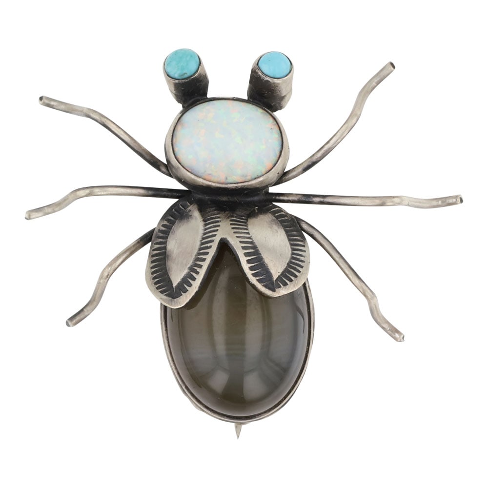 Herbert Ration Agate Turquoise & Synthetic Opal Spiderweb Pin (1 of 3)