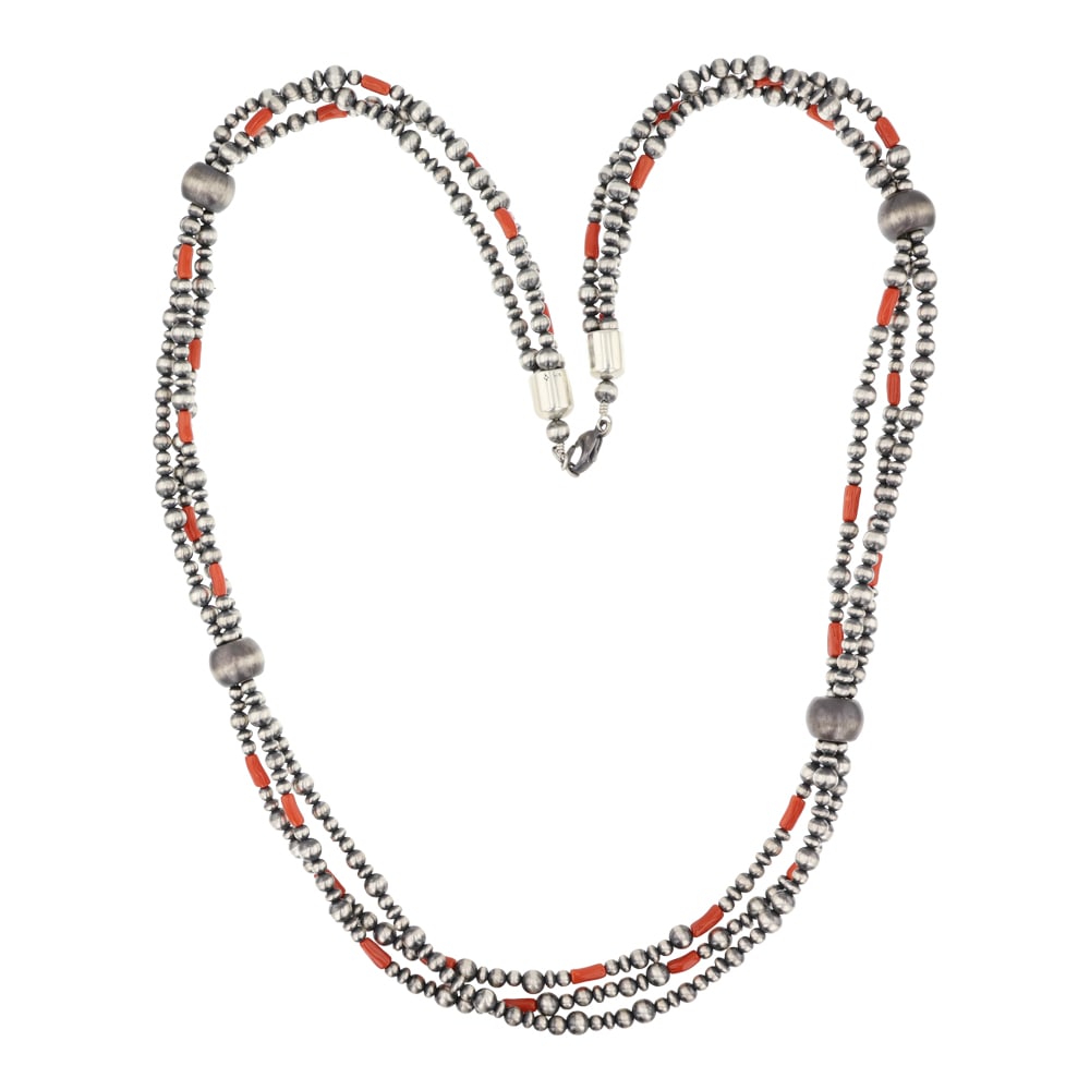 Mediterranean Coral Oxidized Silver Beads Mixed Sizes Three Strand Long Necklace (1 of 3)