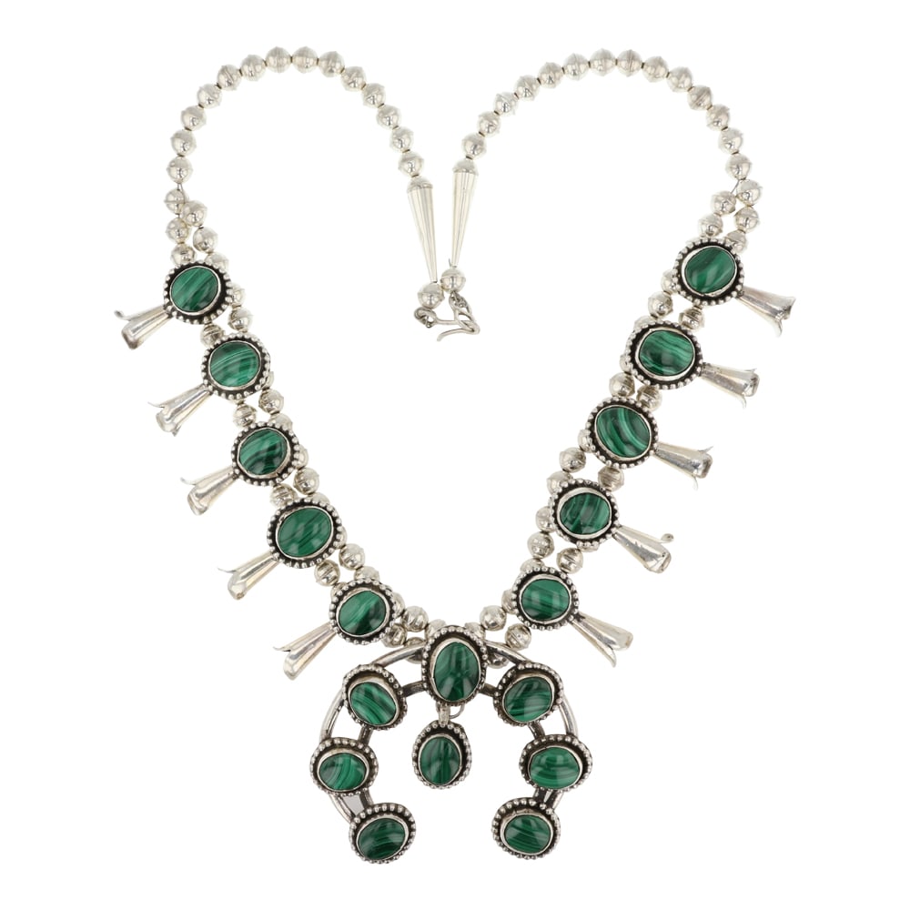 Navajo Malachite Squash Blossom Necklace: Sterling Silver | Genuine Malachite | Navajo Malachite Squash Blossom Necklace | Navajo Native American Southwest Indian Jewelry | Good (no breaks or damages) | Approximate Weight: 189 Grams | Necklac