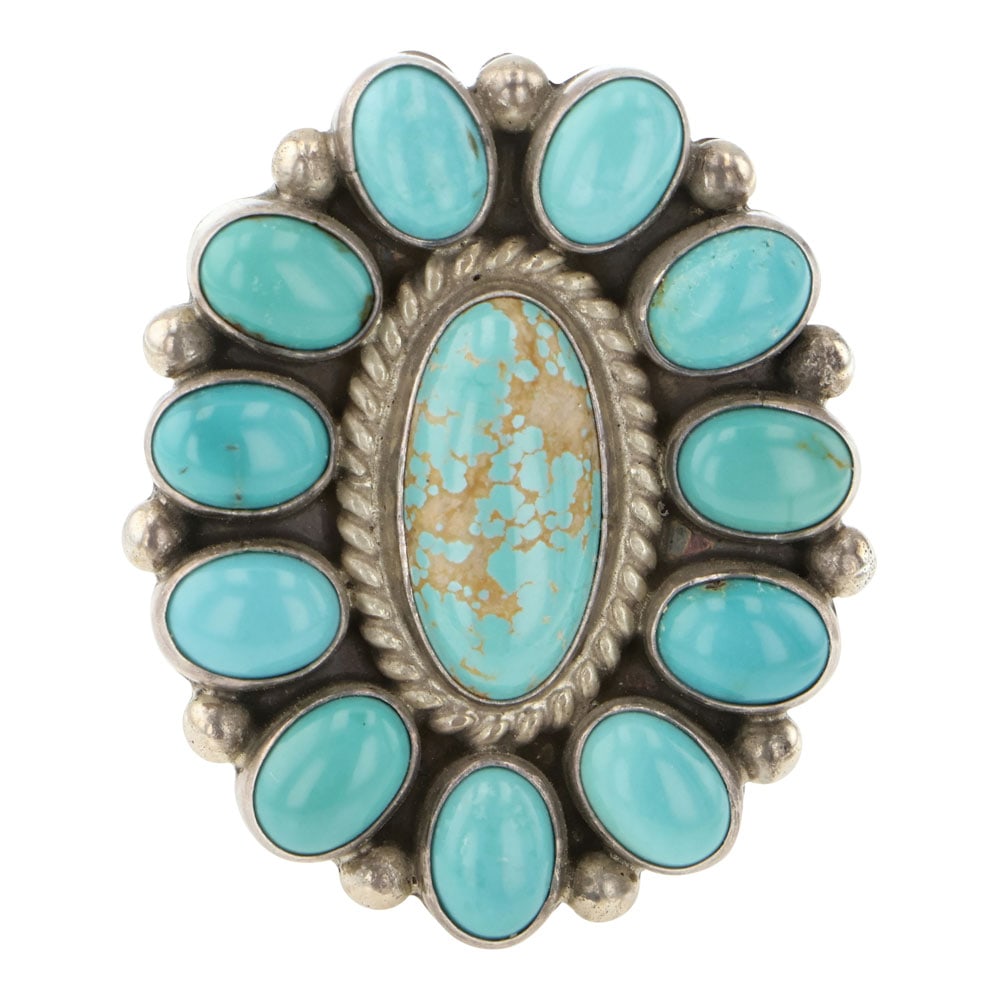 Ella Linkin Navajo Nevada Turquoise Cluster Ring: Sterling Silver | Genuine Nevada Turquoise | Ella Linkin Navajo Nevada Turquoise Cluster Ring | Navajo Native American Southwest Indian Jewelry | Good (no breaks or damages) | Approximate Weight: 15 G