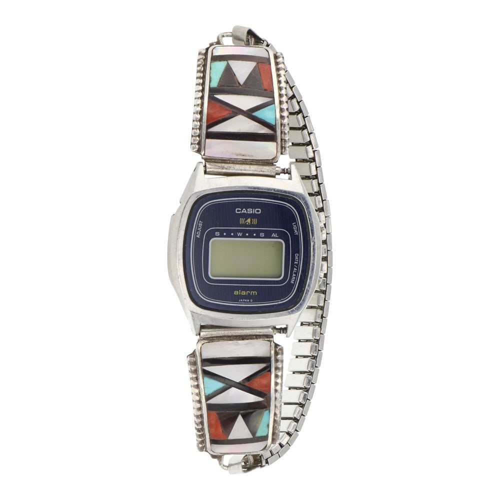 Herbert & Ester Cellicion Zuni Turquoise Coral Acoma Jet Mother of Pearl Inlay Watch Bracelet (1 of 3)