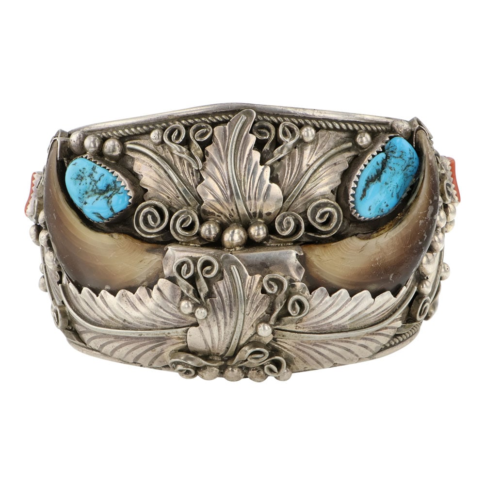 Gary Edwards Navajo Vintage Turquoise & Coral Bear Claw Cuff Bracelet (1 of 4)